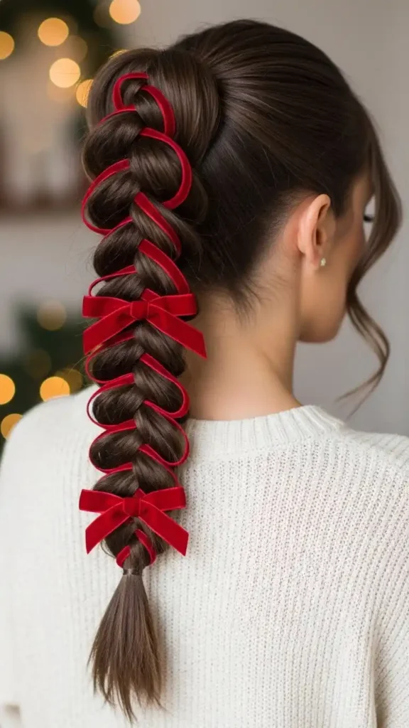 red-velvet-ribbon-wrapped-ponytail-braid