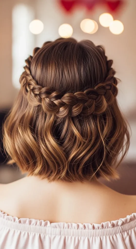15 Valentine Hairstyles for Short Hair That Look Romantic and Chic 16 braided-halo