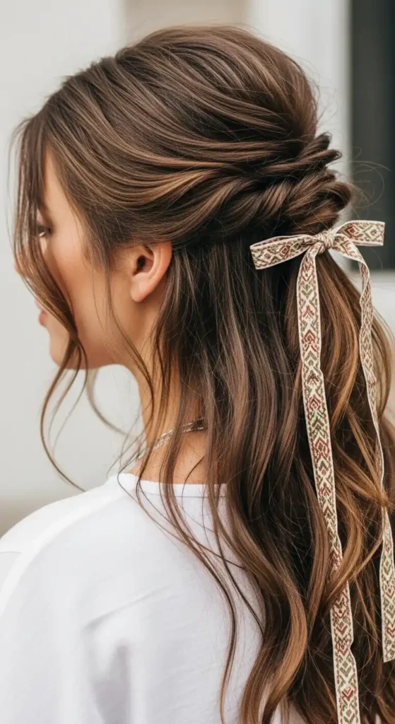 boho-half-up-style-with-ribbon-accent