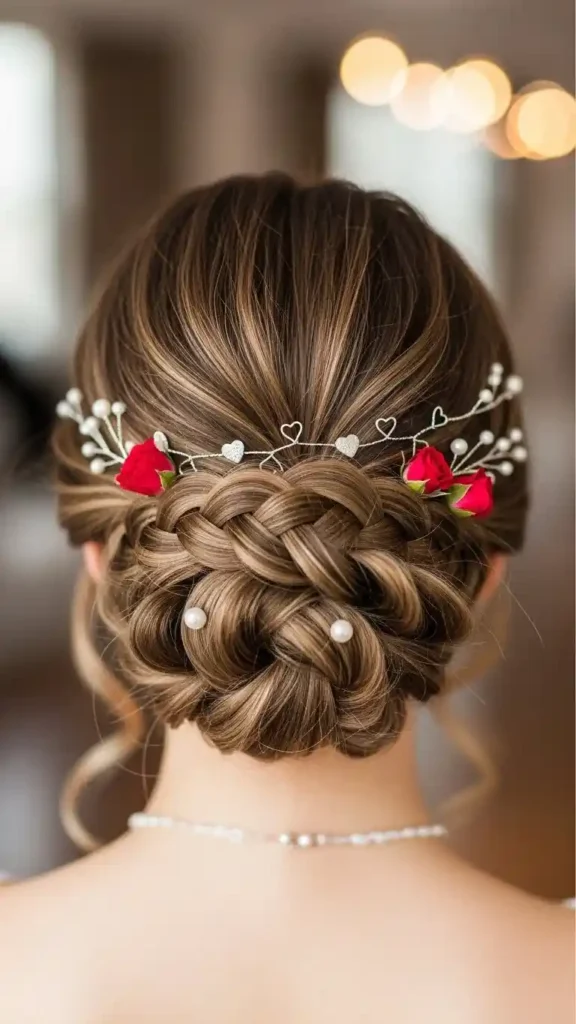 18 Romantic Valentines Day Hairstyles for an Elegant Date Look 10 braided-bun-with-accessories-romantic-valentines-day-hairstyles
