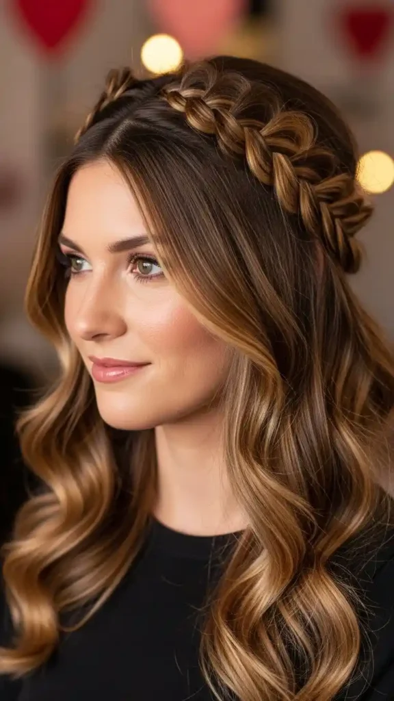 18 Romantic Valentines Day Hairstyles for an Elegant Date Look 18 crown-braid-with-loose-waves-romantic-valentines-day-hairstyles