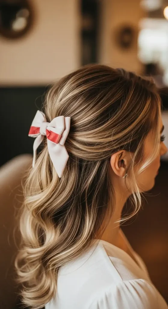 17 Quick Valentine’s Hairstyles for Women That Feel Effortless 7 dainty-half-up-hair-bow.