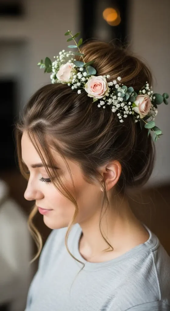 17 Quick Valentine’s Hairstyles for Women That Feel Effortless 16 floral-messy-bun