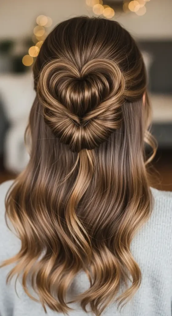 Top 18 Valentine’s Cute Hairstyles for Women to Try on Date Night 19 half-up-heart-bun-1