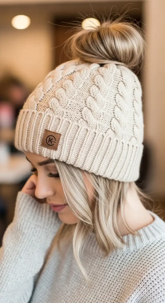 high-top-knot-with-cozy-hat-pairing