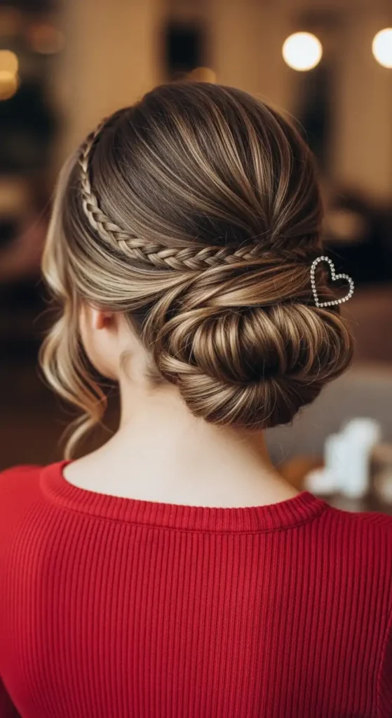 17 Quick Valentine’s Hairstyles for Women That Feel Effortless 11 low-bun-with-braided-accents