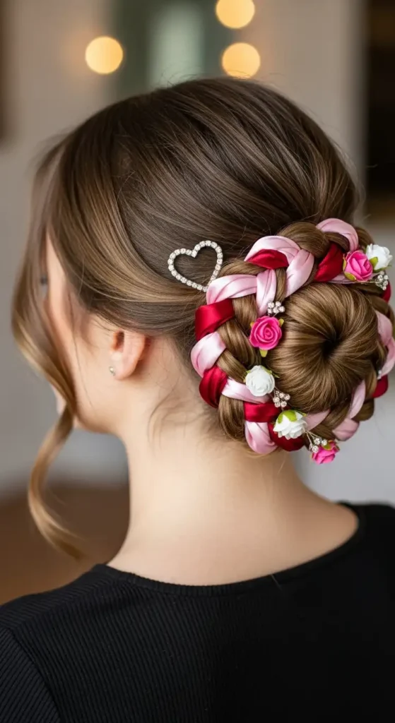 Top 18 Valentine’s Cute Hairstyles for Women to Try on Date Night 16 ribbon-braid-valentines-day-bun