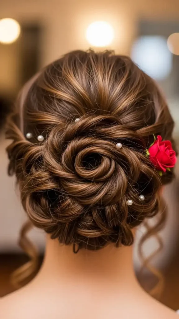 18 Valentine Curly Hairstyles for Women to Create a Beautiful Makeover 8 rosette-updo