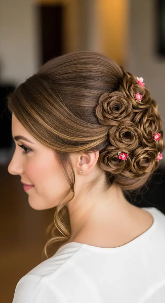 Top 18 Valentine’s Cute Hairstyles for Women to Try on Date Night 14 rosette-updo-3