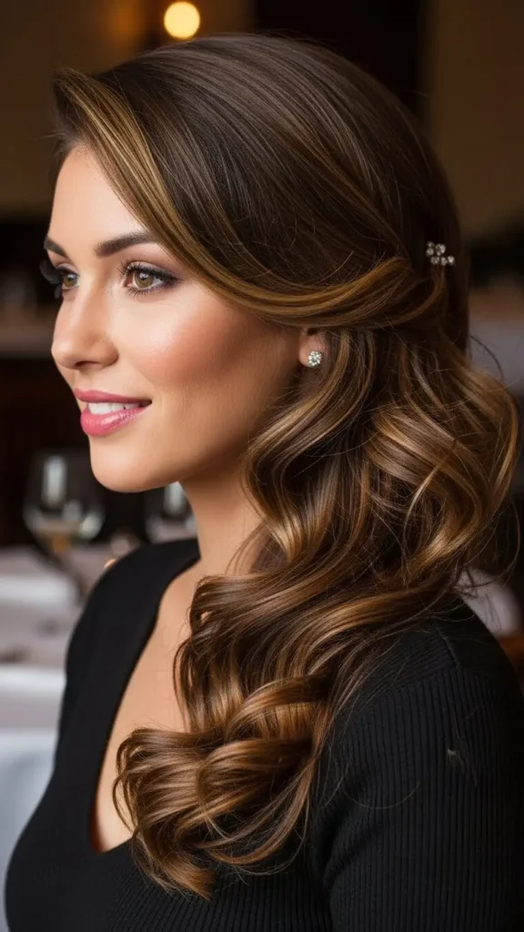 17 Gorgeous Valentine Date Night Hairstyle for Women to Try for a Romantic Look 11 side-swept-curls
