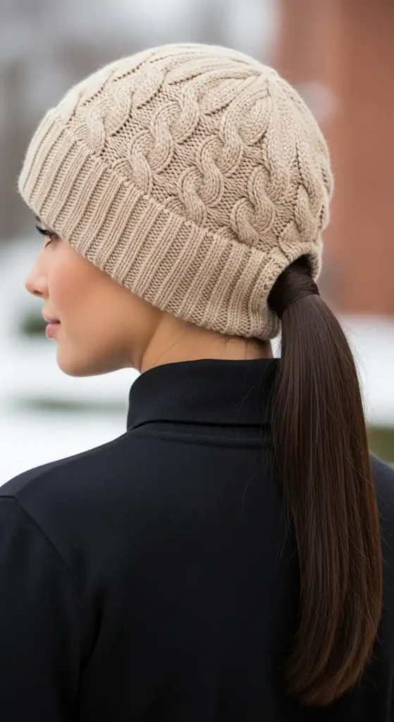 sleek-low-ponytail-through-knit-hat