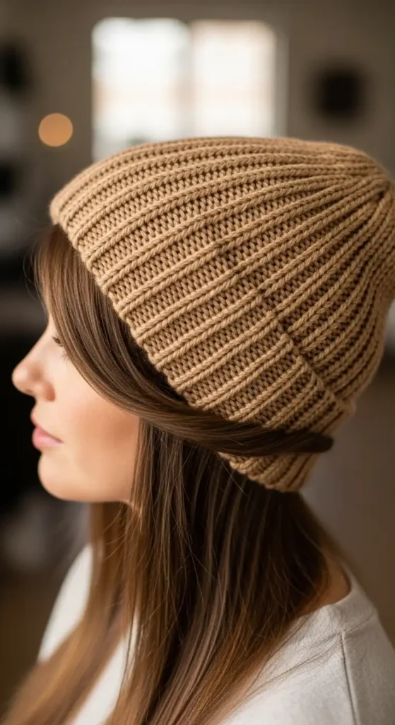 sleek-middle-part-tucked-into-knit-hat