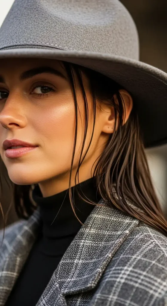 sleek-wet-look-hair-under-structured-hat