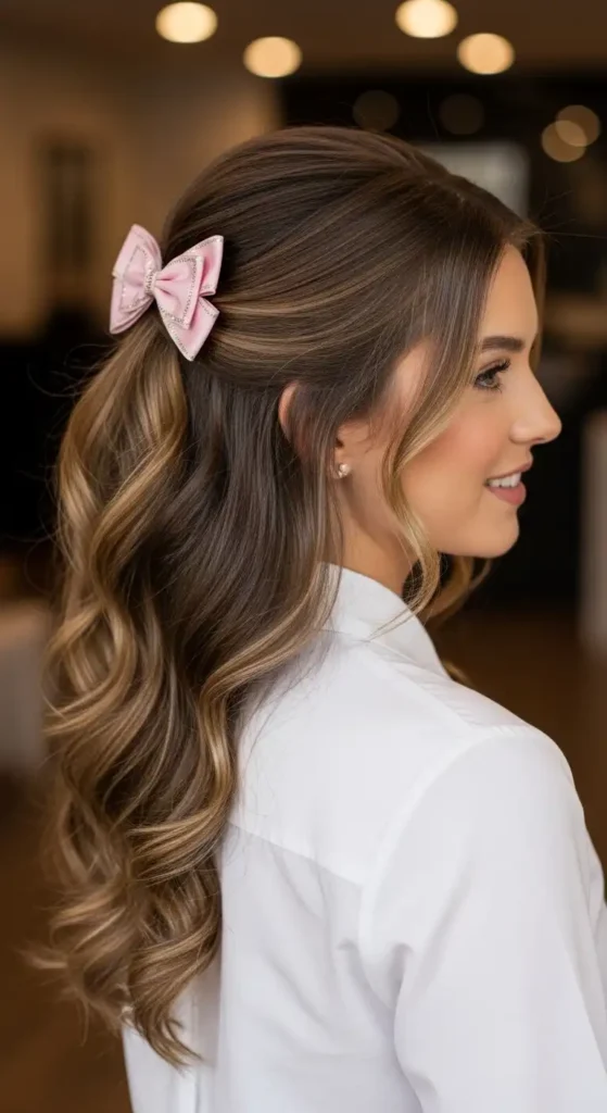 Top 18 Valentine’s Cute Hairstyles for Women to Try on Date Night 4 wavy-half-updo-with-a-bow-1