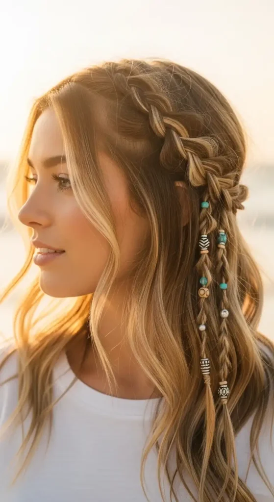16 Beach Waves Hairstyles for Women to Try for a Fresh New Look 16 boho-braid-with-beads-and-beach-waves