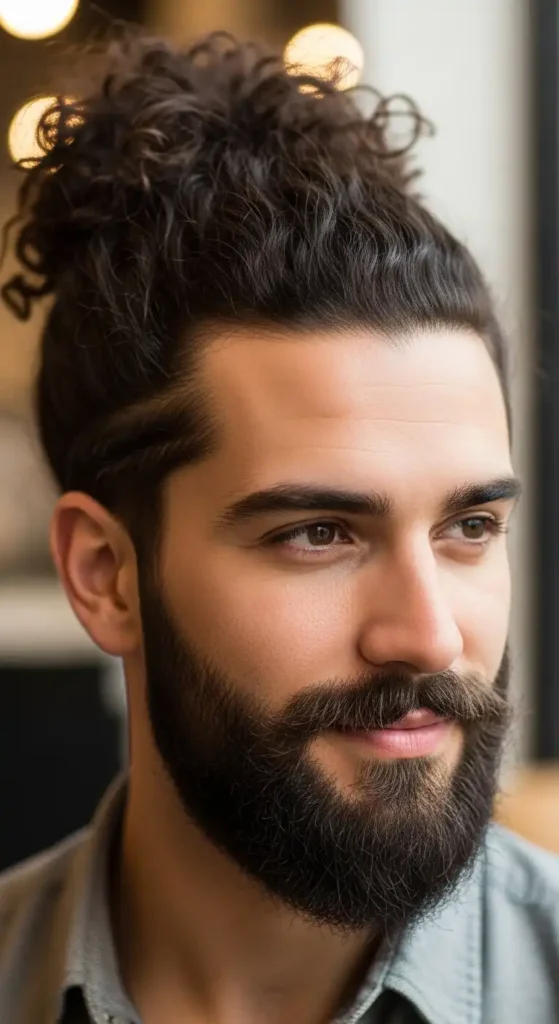 curly-bun-with-defined-beard