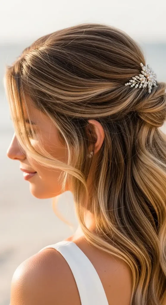 16 Beach Waves Hairstyles for Women to Try for a Fresh New Look 5 half-up-twisted-waves-with-a-sweet-hair-clip