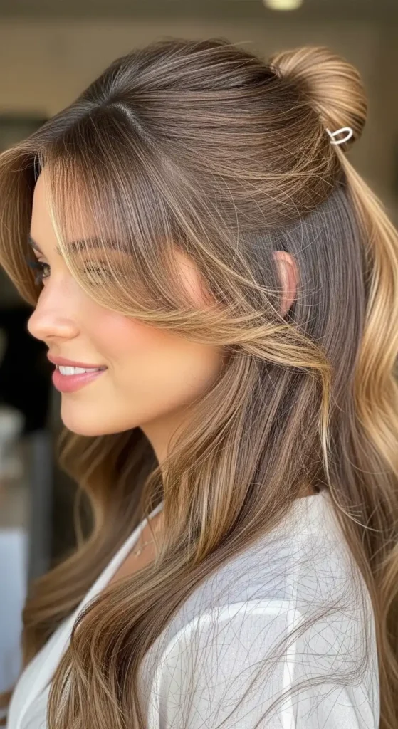 half-updo-with-flowing-curtain-bangs