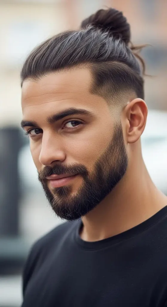 high-man-bun-with-sculpted-short-beard