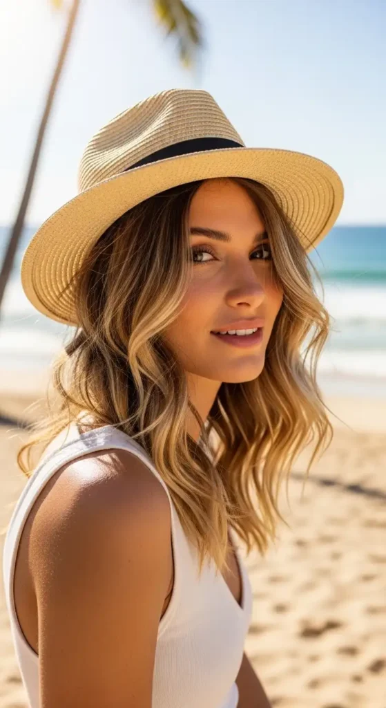 16 Beach Waves Hairstyles for Women to Try for a Fresh New Look 17 loose-beach-waves-tucked-under-a-sun-hat