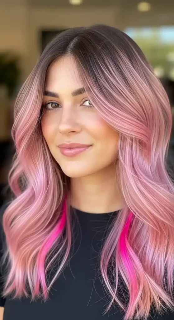 18 Bold Pink Peekaboo Hair Color Trends Everyone’s Talking About 15 soft-pink-balayage