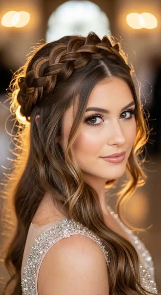 19 Beautiful Prom Hairstyles for Long Hair for a Dreamy Look 10 braided-crown-vibes