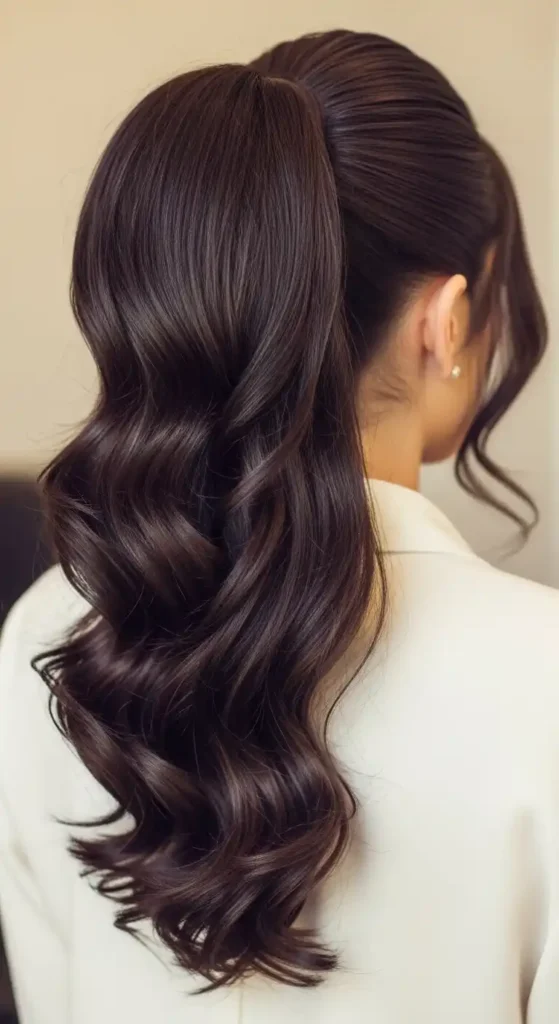 19 Beautiful Prom Hairstyles for Long Hair for a Dreamy Look 2 glam-ponytail-with-waves